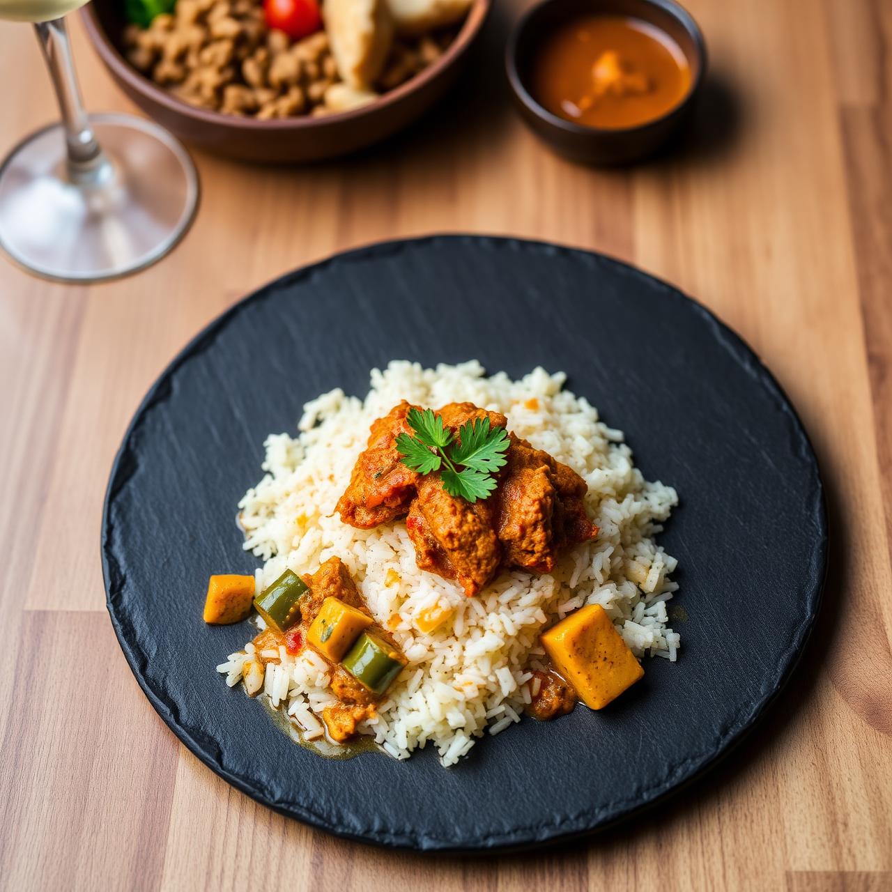 Plated Sri Lankan rice and curry