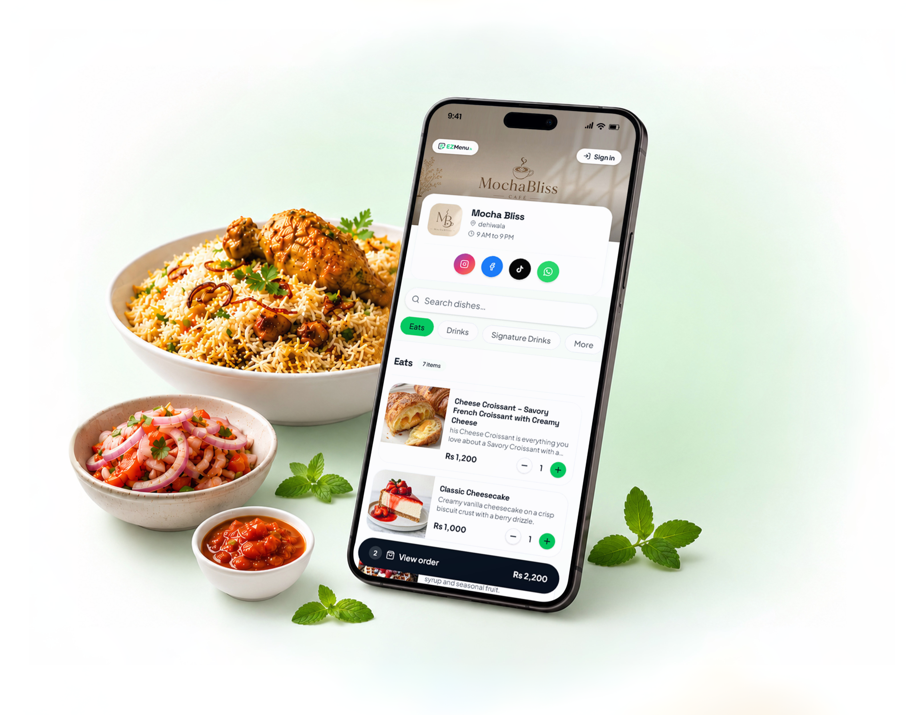 Restaurant dish showcase with digital menu on phone